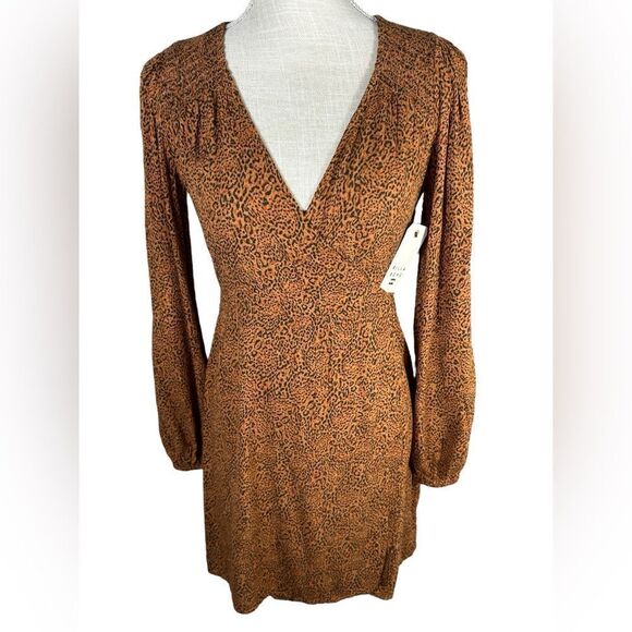 Billabong Caramel Brown Leopard Print Spring Romance Wrap Mini Dress - Picture 3 of 7